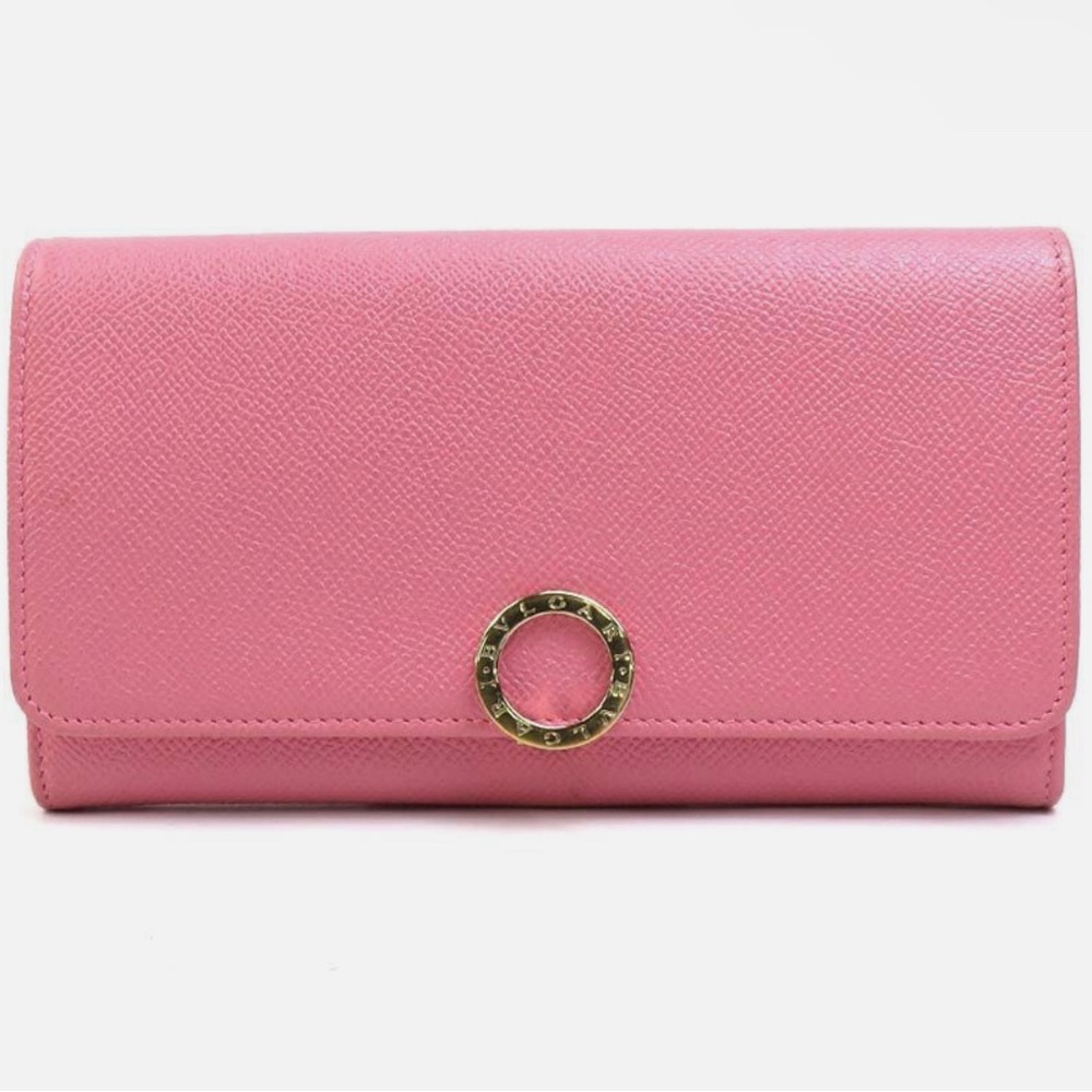 BVLGARI Wallet Pink Leather Long Bifold Wallet Bulgari Clutch Compact Purse 🥰